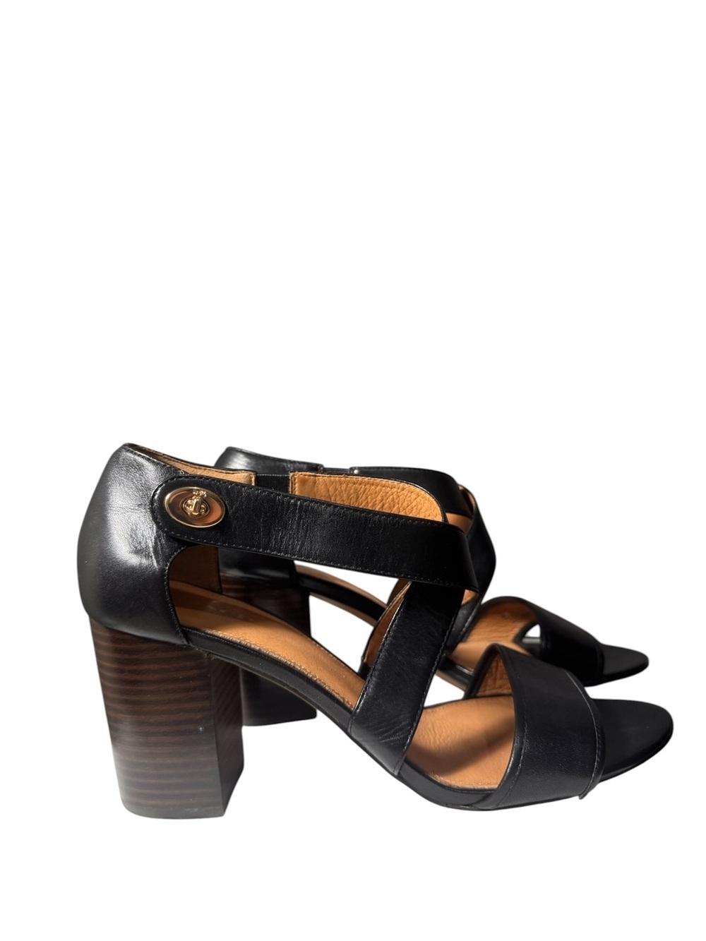 Coach Black Leather Strappy Block Heel Sandals with Gold Accent size 9